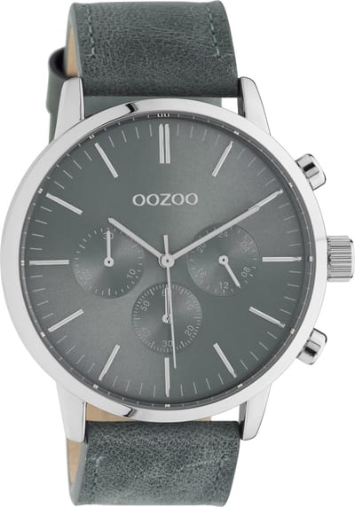 OOZOO Timepieces - zilverkleurige horloge met aqua grijze leren band - C10915 - Ø45