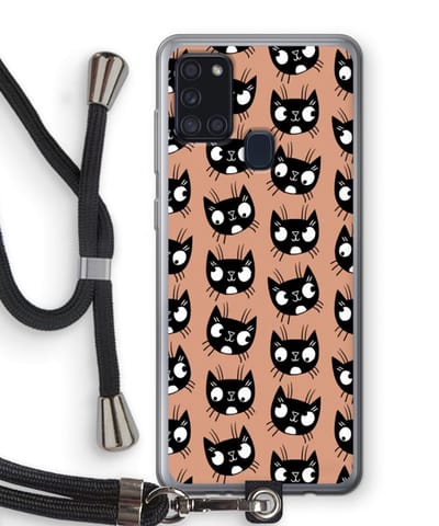 Case Company® - Hoesje met koord geschikt voor Samsung Galaxy A21s hoesje met Koord - Kat - Telefoonhoesje met Zwart Koord - Bescherming aan alle Kanten en Over de Schermrand