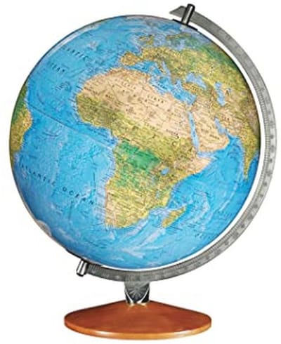 Wereldbol Bureau - Educatieve Bol - Decoratie en Leren - Met Houten Basis - 39 cm Hoog - Blauw