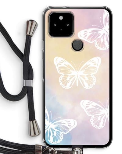 Case Company® - Hoesje met koord geschikt voor Google Pixel 5 hoesje met Koord - White butterfly - Telefoonhoesje met Zwart Koord - Bescherming aan alle Kanten en Over de Schermrand