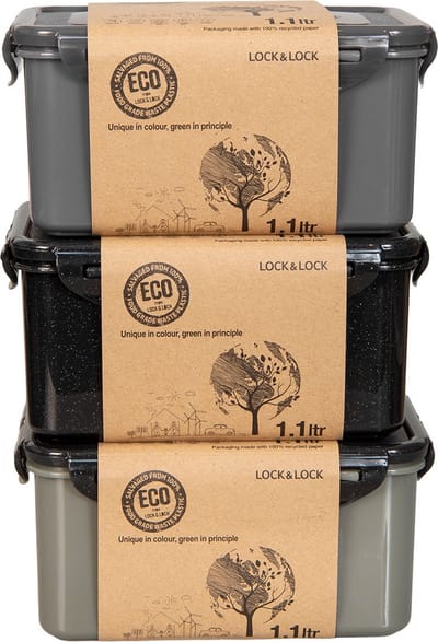 Lock&Lock ECO Vershoudbakjes - Diepvriesbakjes - Meal prep bakjes - 1,1 liter - Set 3 stuks - 100% Gerecycled Plastic - Lekvrij - Duurzaam - Zero Waste - Magnetron bakjes met deksel - Diepvriesdozen - Lunchbox - Bewaarbakjes - Vershouddoos