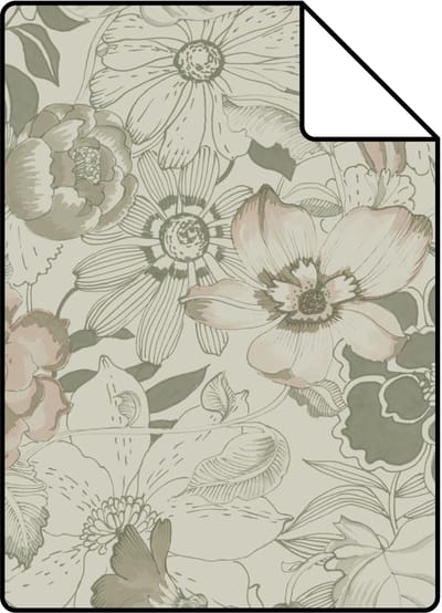 Proefstaal ESTAhome behang vintage bloemen vergrijsd groen - 26.5 x 21 cm - 139765-S