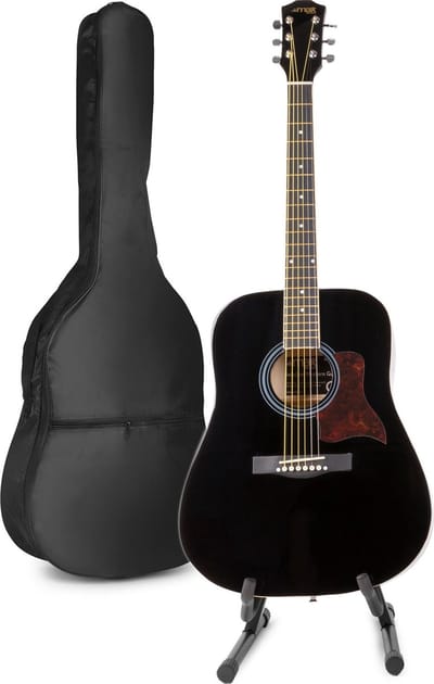 Akoestische gitaar voor beginners - MAX SoloJam Western gitaar 4/4 - Incl. gitaar standaard, gitaar stemapparaat, gitaartas en 2x plectrum - Zwart
