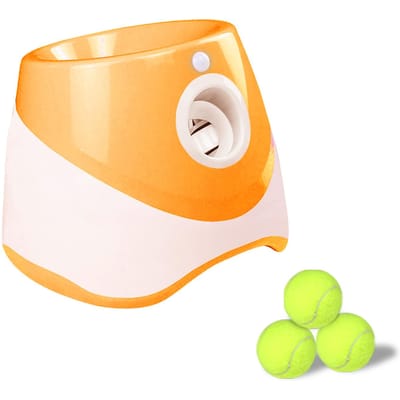 Lanceur de balles automatique pour chien avec 3 balles Lanceur de balles de tennis interactif pour chiens Lancer de balles pour animaux de compagnie orange