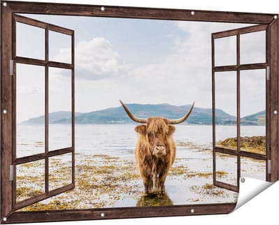 Gards Tuinposter Doorkijk Voetpad naar Strand en Zee - 150x100 cm - Tuindoek - Tuindecoratie - Wanddecoratie buiten - Tuinschilderij