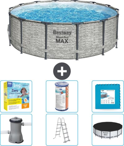 Bestway Rond Steel Pro MAX Zwembad - Steenprint - 427 x 122 cm - Inclusief Pomp - Ladder - Afdekzeil Onderhoudspakket - Filter - Vloertegels