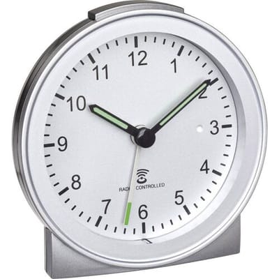 TFA Dostmann 60.1517.54 - Wekker - Analoog - Radiogestuurde tijdsaanduiding - Stil uurwerk - Alarm - Snooze - Kunststof - Fluorescerende wijzers - Schermverlichting - Zilverkleurig