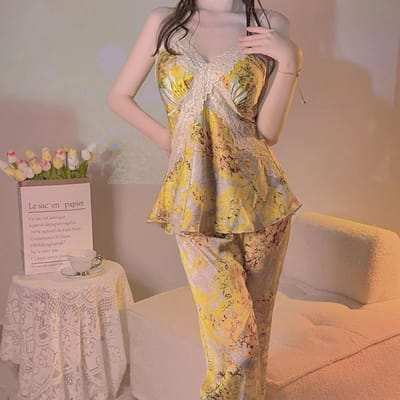 Damespyjama's Loungewear Bedrukt Gevlekt Kant Tops met Borstvullingen 3-delig Jassen Bovenkleding Lange Pyjama's Damespyjama's XL beige