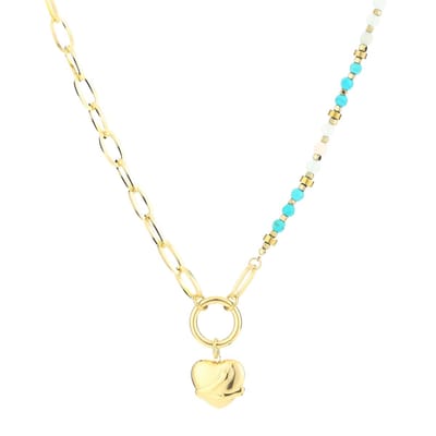 Michelle Bijou - Stainless steel ketting - met turquoise kralen - met gouden hart