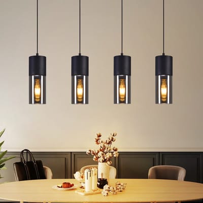 NETTLIFE Hanglamp glas - 4xE27 - rechthoekig - zwart - metalen - Eettafel lampen voor Keuken | Hal | Trap | Slaapkamer - Zonder lichtbron