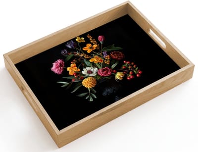 Dienblad hout 40x30 cm - Schootdienblad - Sierlijk - Boeket - Bladeren - Borrelplank rechthoek - Plateau dienbladen