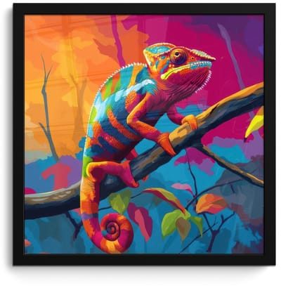 Poster in lijst - Fotolijst 40x40 cm - Posters - Kameleon - Tak - Gestreept - Bladeren - Posterlijst zwart - Decoratie - Wanddecoratie woonkamer - Muurdecoratie slaapkamer