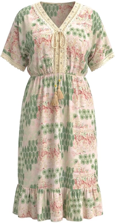 MIAMODA - Dames - Midi-jurk comfortabele pasvorm all-over print kanten linten - Rietgroen - Maat 50