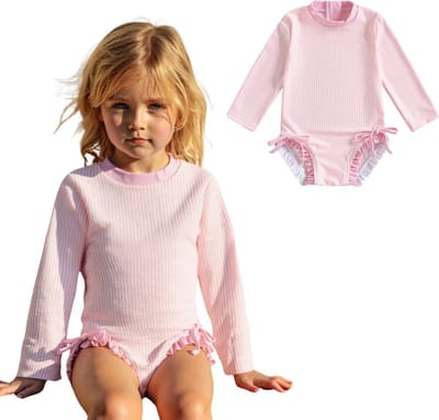 Joya Kids® Badpak Lange Mouw Licht Roze met Streepjes en Roze Ruches Meisjes | Zwempak met ruches UV Badpak | Zwempak Lange Mouw UV Bescherming Streep | Meisje Bikini Zomer | Kinderbadpak Peuter | Maat 12-18 Maanden