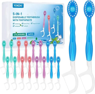 36 Stuks Mini Reis Tandenborstels 5-in-1 Set met Tandpasta en Reinigers
