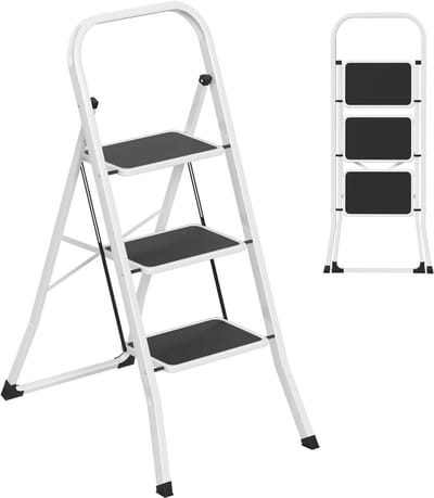 Inklapbare Trapladder met 3 Treden en Leuning - Veilige Metalen Huishoudladder met Breed Voetsteun - Max. 270 kg