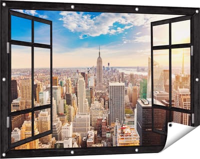 Gards Tuinposter Doorkijk New York Manhattan tijdens Zonsondergang - 120x80 cm - Tuindoek - Tuindecoratie - Wanddecoratie buiten - Tuinschilderij