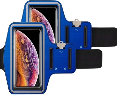 2 Pack Sport armband Geschikt voor Apple iPhone 16 Pro Max / 15 Pro Max / 14 Pro Max 13 Pro Max / 12 Pro Max / 11 Pro Max met verstelbare elastische band en sleutelhouder voor hardlopen Hoes - Wandelen Sportband - blauw
