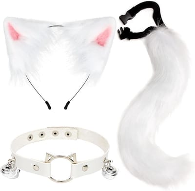 Fluffy Kattenstaart en Oren Set van Neppels voor Cosplay en Feestkostuums met Leren Ketting