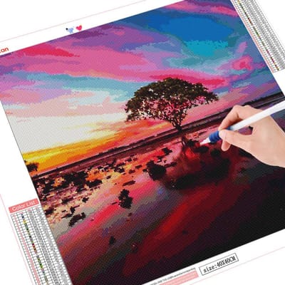 5D DIY diamant schilderij boom reflectie volledige ronde diamant borduurwerk 30x30CM pink