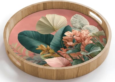 Dienblad rond 40x40 cm - Schootdienblad hout - Tropische bladeren - Bloemen - Roze - groen - Borrelplank rechthoek - Plateau houten dienbladen