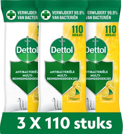 Dettol Antibacteriële Schoonmaakdoekjes - Sprankelende Citroen - 110 x 3 Stuks - Voordeelverpakking