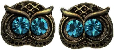 Rhylane –Uil Oorknopjes – Donker Brons & Blauwe steentjes - Fashion Oorbellen – Vrouwen – Oorbellen – 10 bij 9 mm