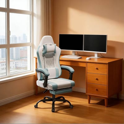 Wishdor gamingstoel 70 x 70 x 127 cm draaibaar met massage-lendenkussen en hoofdsteun blauw wit mesh metaal
