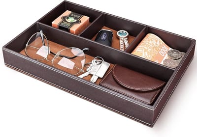 Leren Opbergdoos voor Bureau, Bedside Organizer voor Sleutels, Pennen en Sieraden - Multifunctionele Valet Tray in Bruin