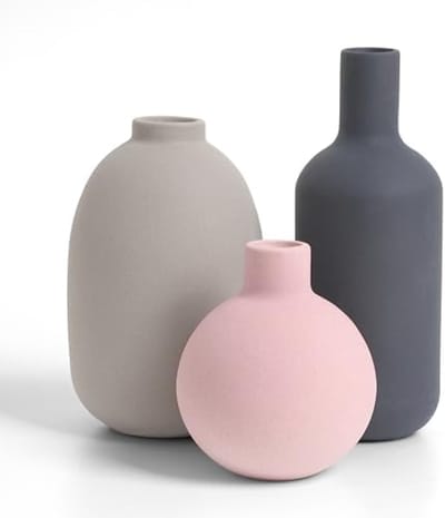 PromoHome Keramische Vazen Set [3 Stuks] - Moderne Decoratieve Vazen voor Huisdecoratie - Neutrale Minimalistische Woonkamer Decor - Rechte, Ovale en Ronde Mat Vazen - Grijze Kleur