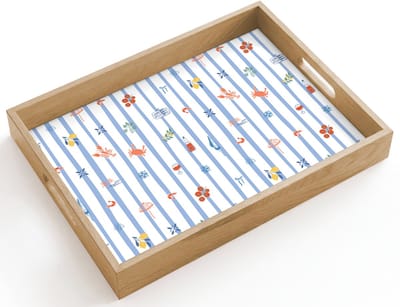 Dienblad hout 40x30 cm - Schootdienblad - Strepen - Blauw - Patroon - Zomer - Borrelplank rechthoek - Plateau dienbladen