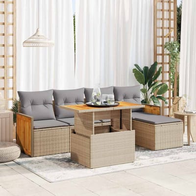 vidaXL - 6-delige - Loungeset - met - kussens - poly - rattan - acacia - beige