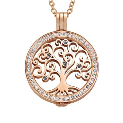 Quiges - Munthouder met Ketting en Munt 33mm Zirkonia Levensboom - RVS Roségoudkleurig met Zirkonia - ERHS986