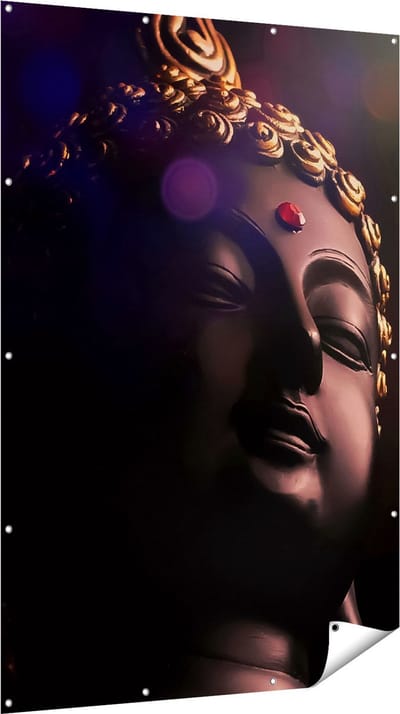Gards Tuinposter Boeddha Beeld met Gouden Sierraden - 120x180 cm - Tuindoek - Tuindecoratie - Wanddecoratie buiten - Tuinschilderij