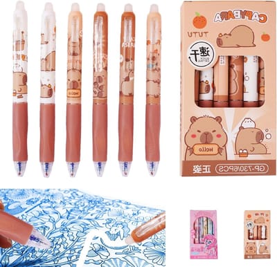 Set van 6 uitwisbare pennen met leuke cartoonprints - Herbruikbare blauwe gelpennen voor studenten, docenten en knutselen, soepel schrijven en eenvoudig uitwissen (0.5mm)