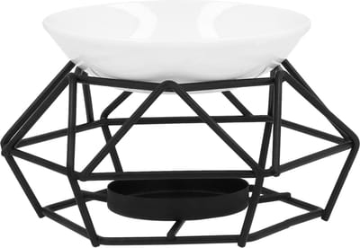 QUVIO Aromabrander van keramiek met metalen houder - Geurbranders - Oliebrander - Geurverspreider - Theelichtjeshouder - Zwart met wit - 11 x 11 x 6 cm