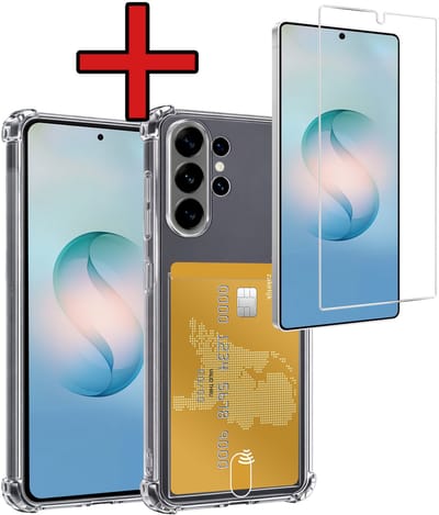 Hoesje - Geschikt voor Samsung Galaxy S26 Ultra - Met Screenprotector - Pashouder - Kaarthouder - Back Cover - Telefoon Hoes Shockproof - Siliconen Case - Shock Proof - Pasjes Houder - Telefoonhoes - Transparant