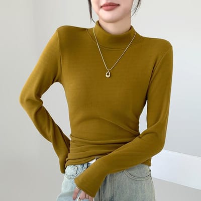 Pull de base en laine à col mi-haut pour femmes Automne et Hiver Pièce unique avec velours épais Coupe slim et Chaud Haut à manches longues XXL brown