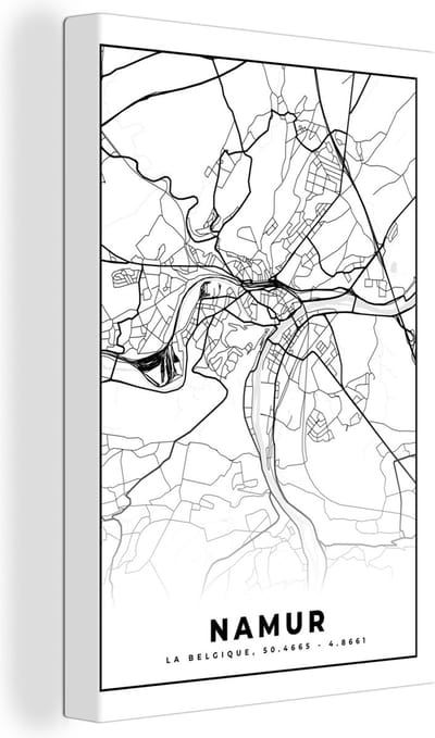 Canvas Schilderij België – Namur – Stadskaart – Kaart – Zwart Wit – Plattegrond - 20x30 cm - Wanddecoratie