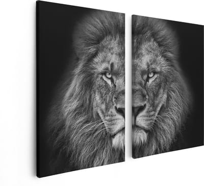 Artaza Canvas Schilderij Tweeluik Leeuw - Leeuwenkop - Zwart Wit - 80x60 - Foto Op Canvas - Canvas Print