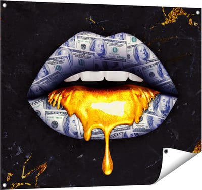 Gards Tuinposter Dollar Lippen met Goud - 100x80 cm - Tuindoek - Tuindecoratie - Wanddecoratie buiten - Tuinschilderij