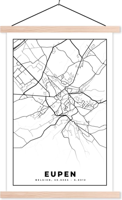 Posterhanger incl. Poster 40x60 cm - Schoolplaat - België – Eupen – Stadskaart – Kaart – Zwart Wit – Plattegrond - Textielposter - Blanke latten - Stadskaart