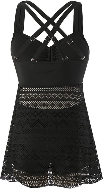 Grote maat Plus Vrouwen Elagant Tankini Top Kant Rugloos Tweedelig Zwempak voor Afslanken in Effen met Borstkussentje zonder Steel Support