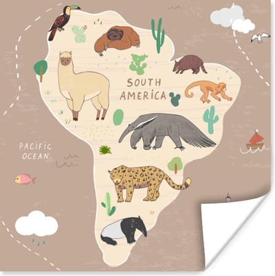 Dieren - Wereldkaart kinderen - Bruin - Kids - Jongens - Meisjes - 30x30 cm - Poster