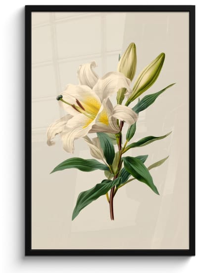 Poster in lijst - Fotolijst 60x90 cm - Posters - Lelie - Elegant - Botanisch - Beige - Posterlijst zwart - Decoratie - Wanddecoratie woonkamer - Muurdecoratie slaapkamer