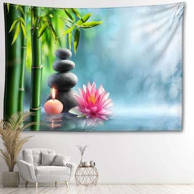 Lotussteen en Bamboebos Wandtapijt Wandhanger Bohemien Natuurlijk Landschap Minimalistische Kunst Woonkamer Slaapkamer Huisdecoratie 95x73CM black