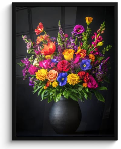 Poster in lijst - Fotolijst 50x70 cm - Posters - Felgekleurd - Bloemen - Vaas - Posterlijst zwart - Decoratie - Wanddecoratie woonkamer - Muurdecoratie slaapkamer