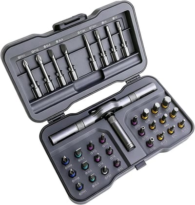 Schroefdriver Ratel Set - Precisie Bits - Reparatie Klussen - Magnetische Grip - 32 Delig - Grijs