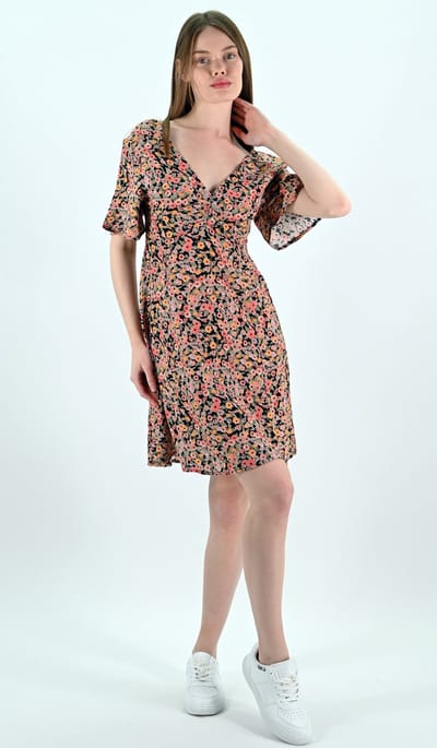 YesMooi - Mini Jurk met Bloemenprint - V-hals en Open Rug - XL (42) - Roze | Oranje | Beige
