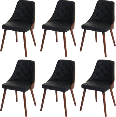 Set van 6 eetkamerstoelen MCW-A75, bezoekersstoel keukenstoel, walnoot-look gebogen hout ~ kunstleer zwart